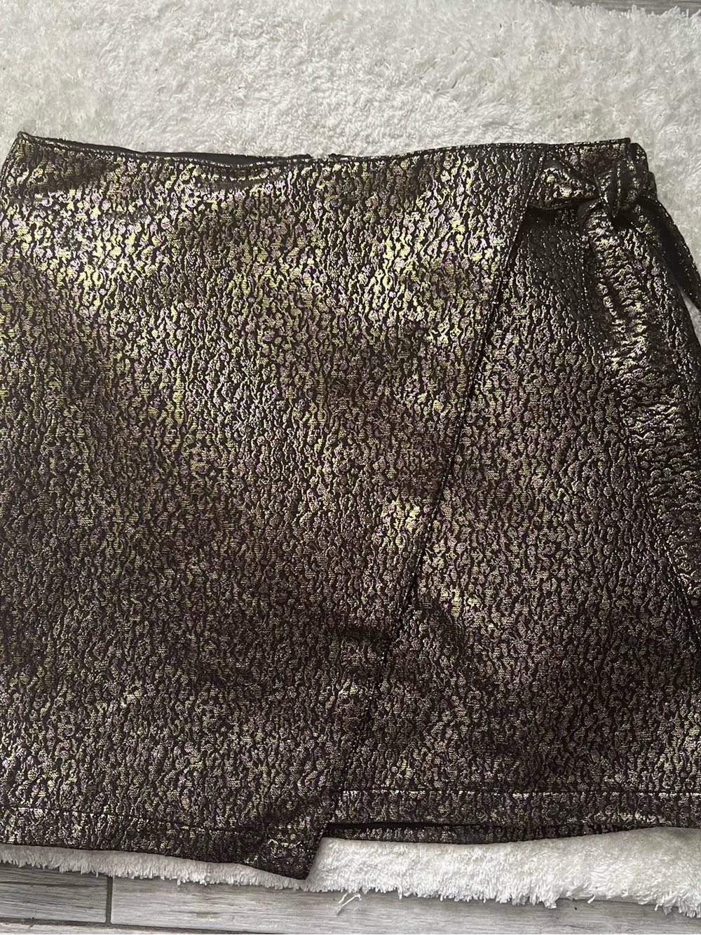 Express Metallic Black and Gold Mini Wrap Skirt